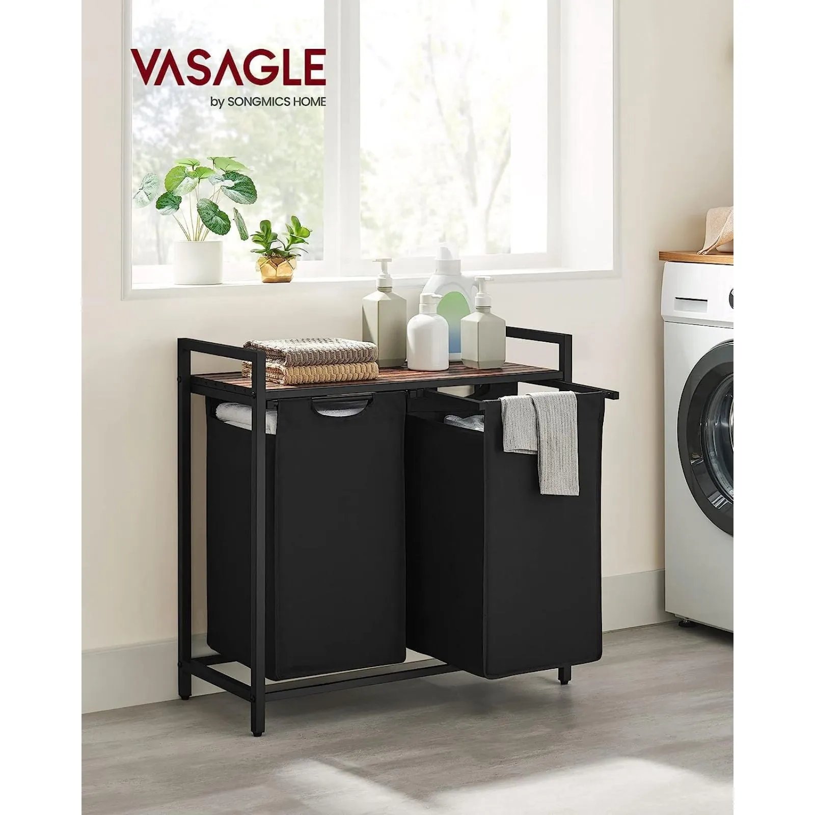 2-Compartment Laundry Basket with Shelf & Liners VASAGLE