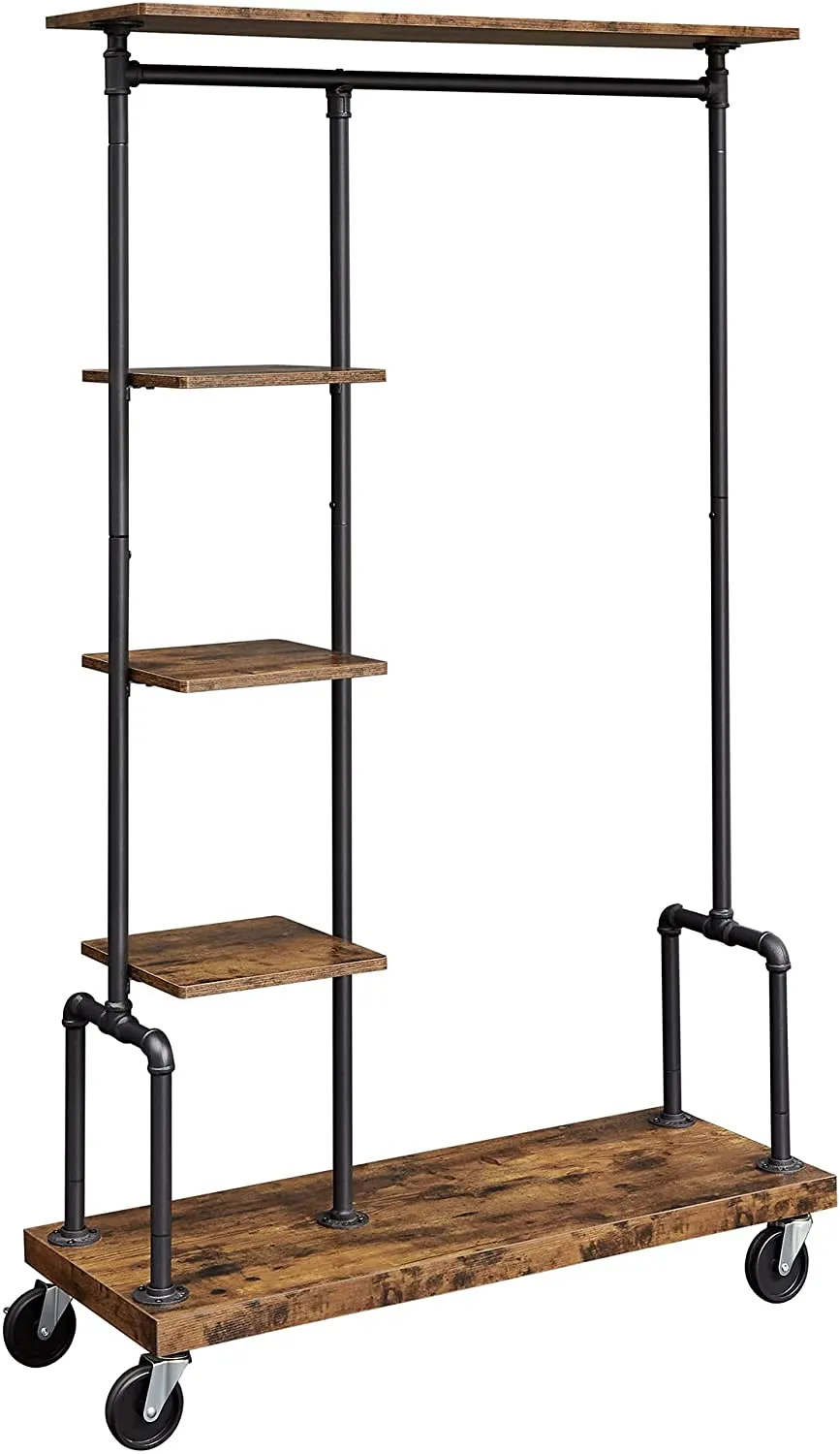 5-Tier Clothes Garment Rack on Wheels with Shelves, Rustic Brown