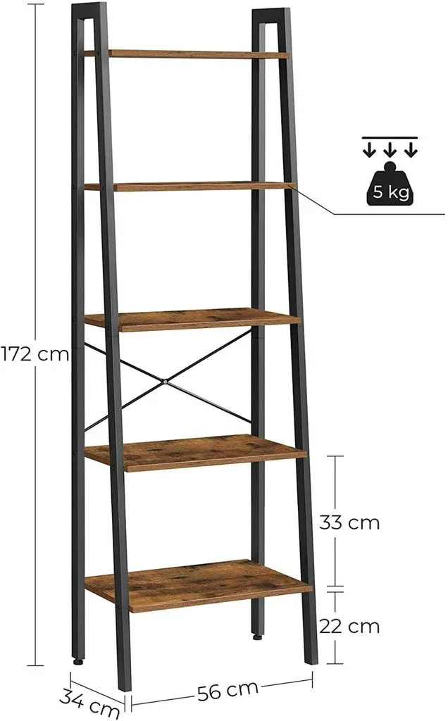 5-Tier Ladder Shelf, Vintage Wood & Steel, VASAGLE