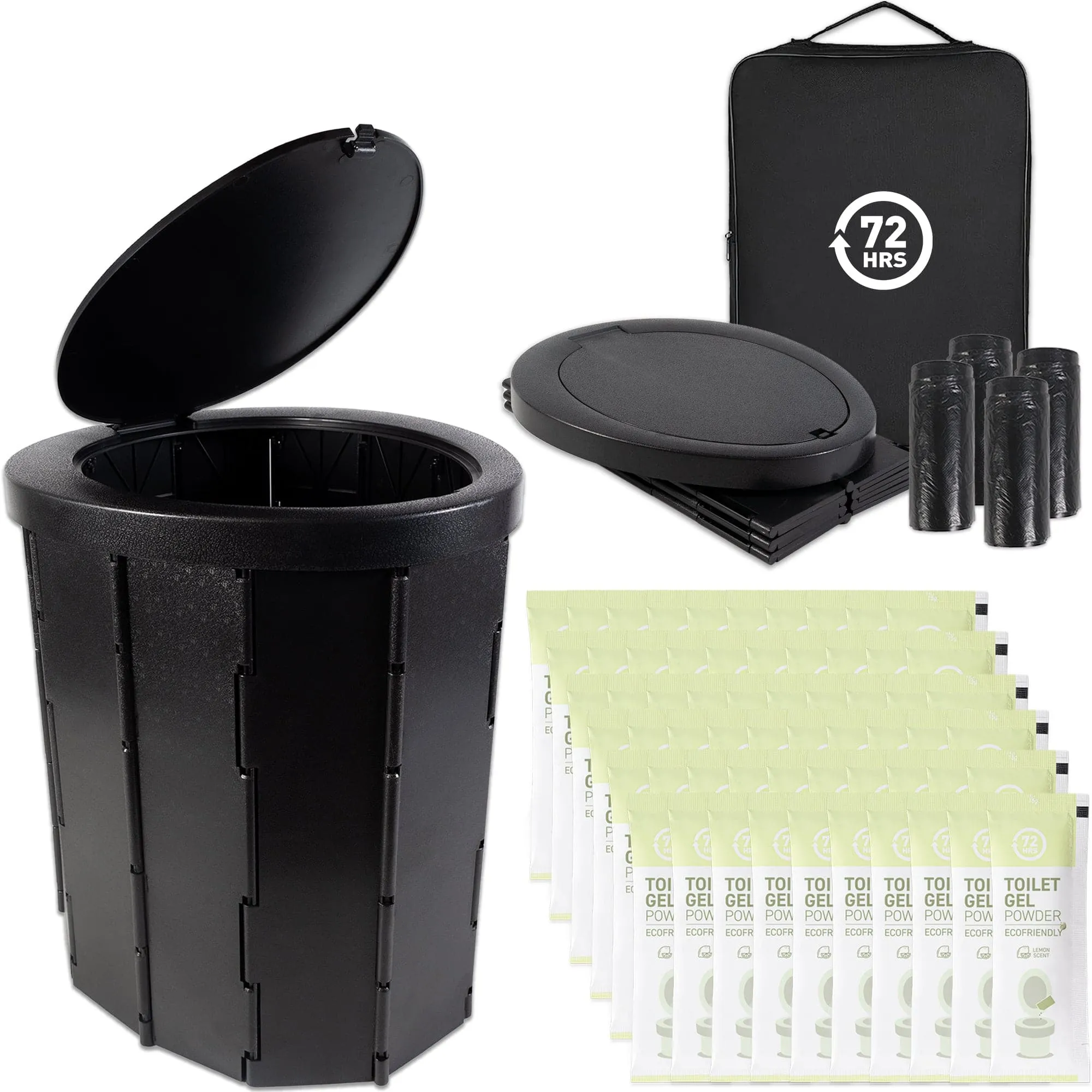 72HRS Collapsible Portable Toilet With Bucket (Including 60 Toilet Bags and 60 Toilet Powder)