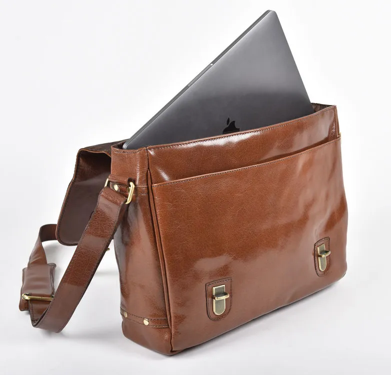 Ashwood Chelsea Jasper Double Clasp Chestnut Leather Laptop Satchel