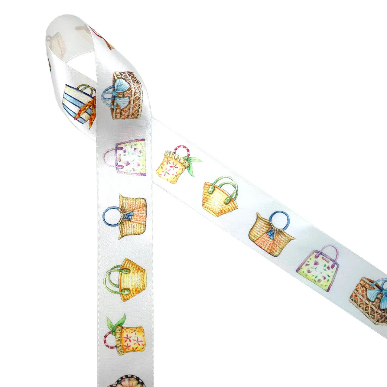 Beach Bag ribbon watercolor beach bags printed on 1.5" white satin and Grosgrain