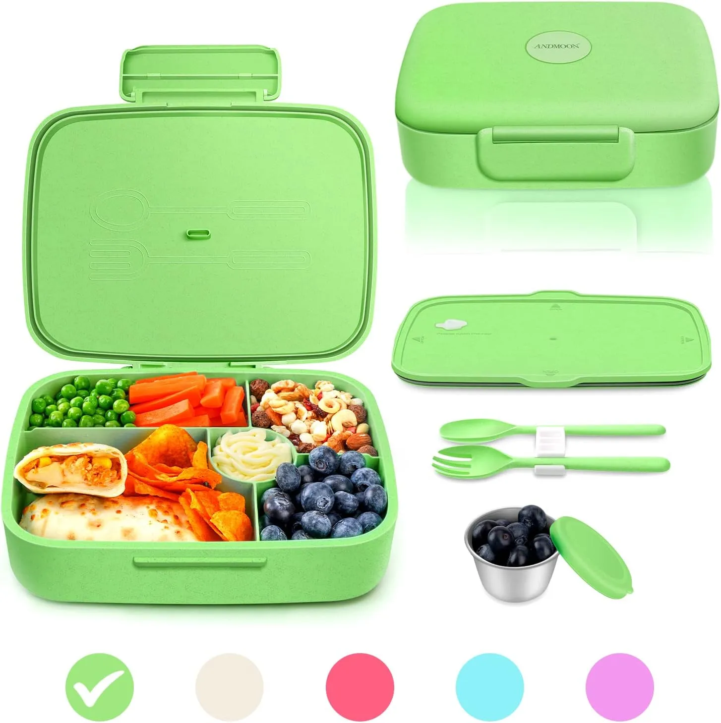 Bento Box - Eco Friendly, Leakproof Lunch Box, Five Compartment, Wheat Fiber Bento Box for Kids and Adults, Microwave and Freezer Friendly