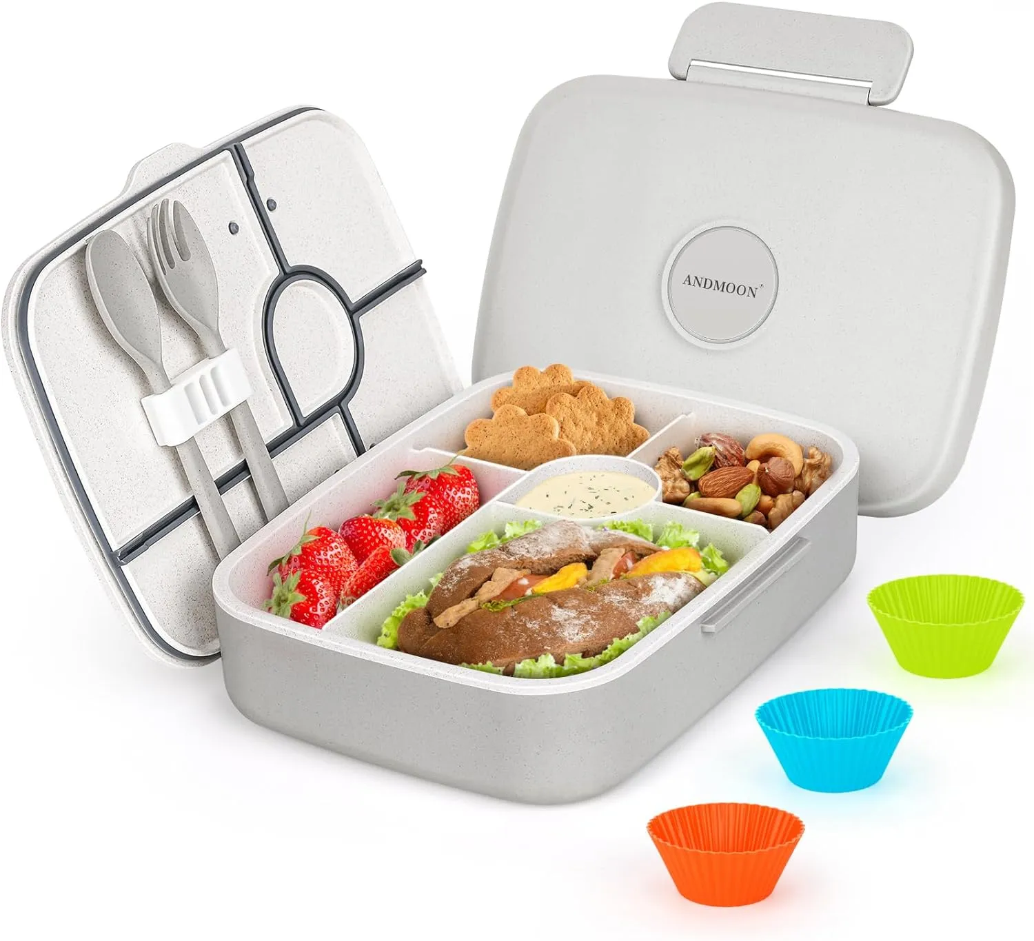 Bento Box - Eco Friendly, Leakproof Lunch Box, Five Compartment, Wheat Fiber Bento Box for Kids and Adults, Microwave and Freezer Friendly