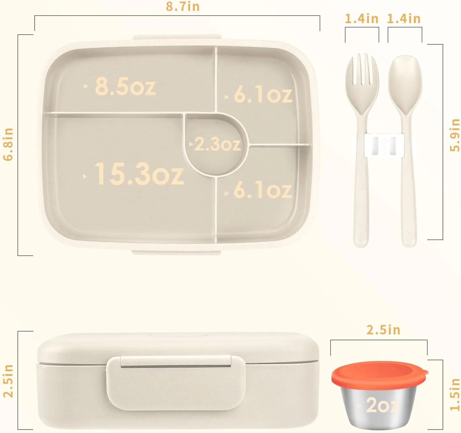 Bento Box - Eco Friendly, Leakproof Lunch Box, Five Compartment, Wheat Fiber Bento Box for Kids and Adults, Microwave and Freezer Friendly