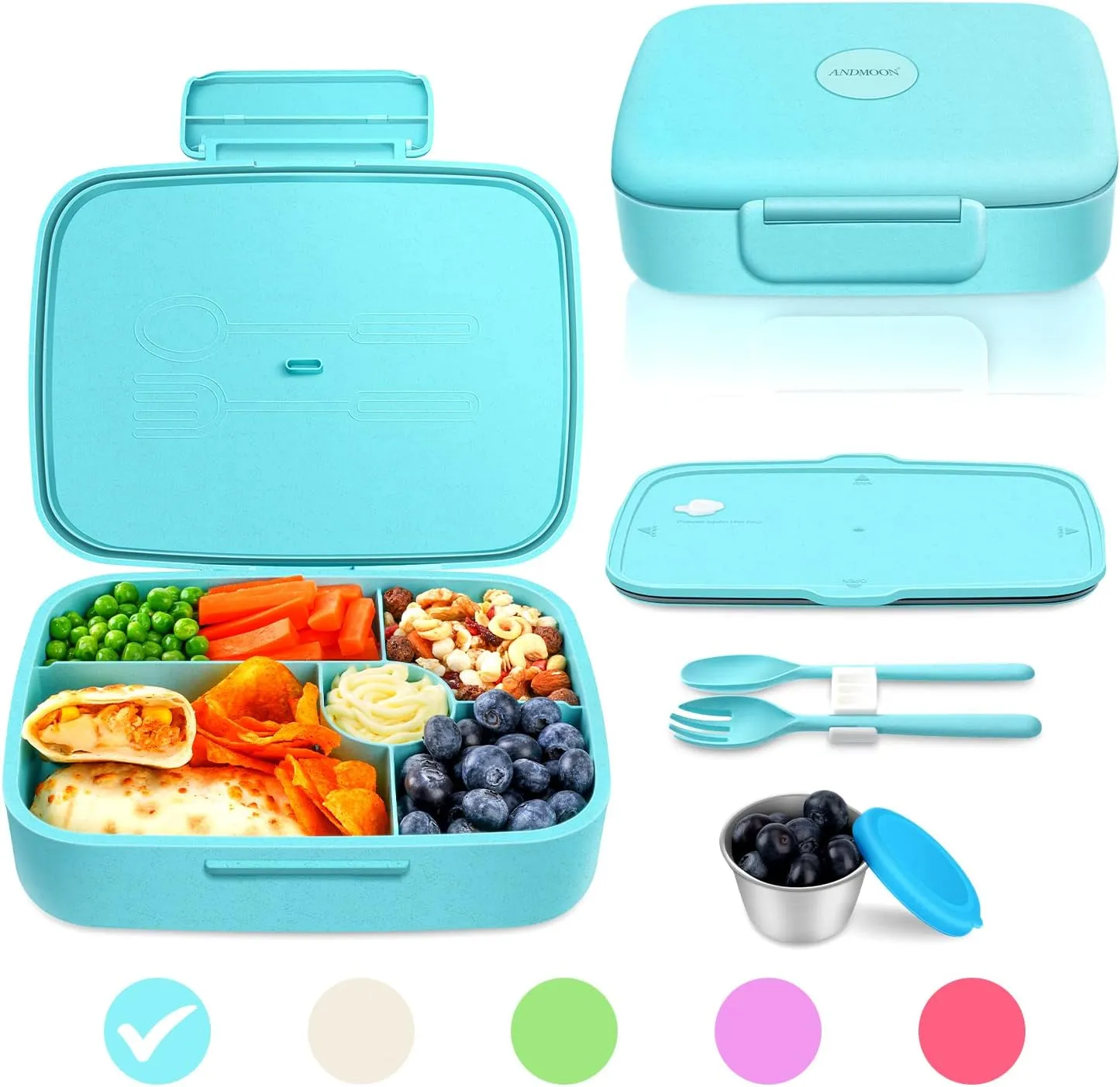 Bento Box - Eco Friendly, Leakproof Lunch Box, Five Compartment, Wheat Fiber Bento Box for Kids and Adults, Microwave and Freezer Friendly