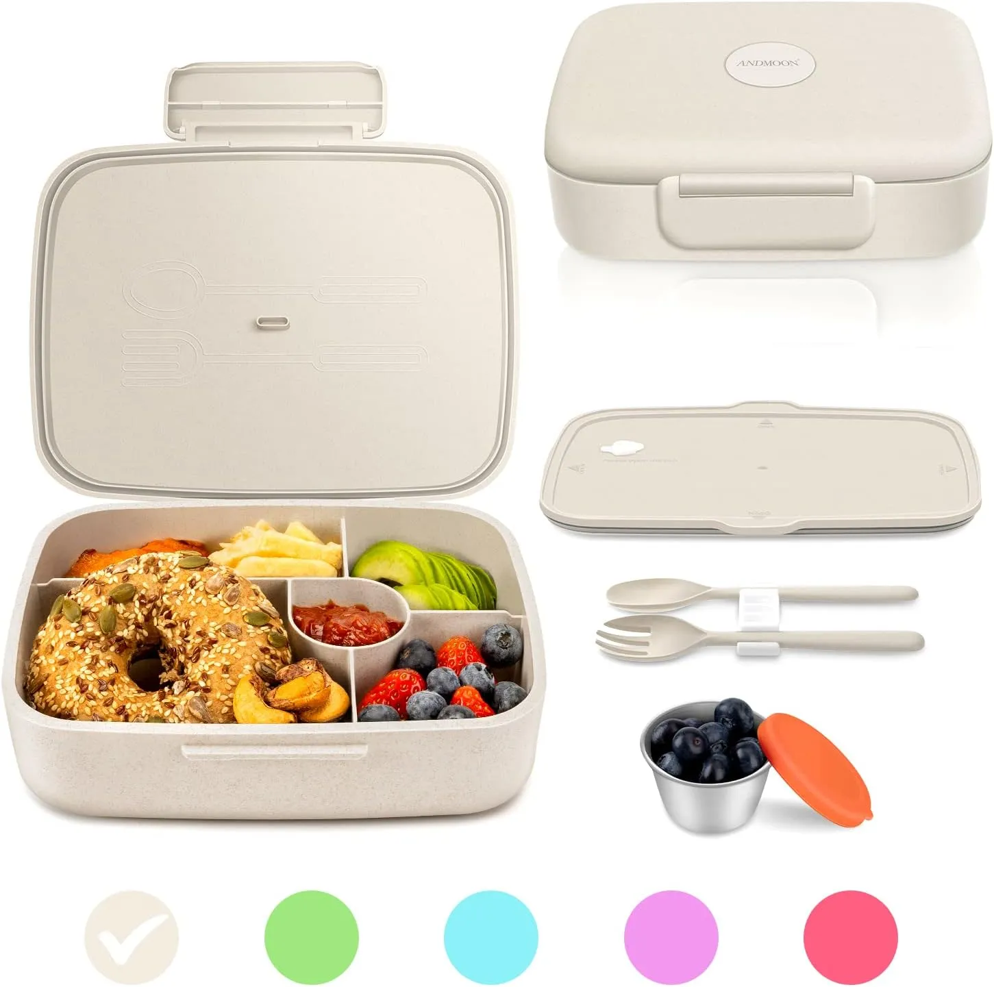 Bento Box - Eco Friendly, Leakproof Lunch Box, Five Compartment, Wheat Fiber Bento Box for Kids and Adults, Microwave and Freezer Friendly