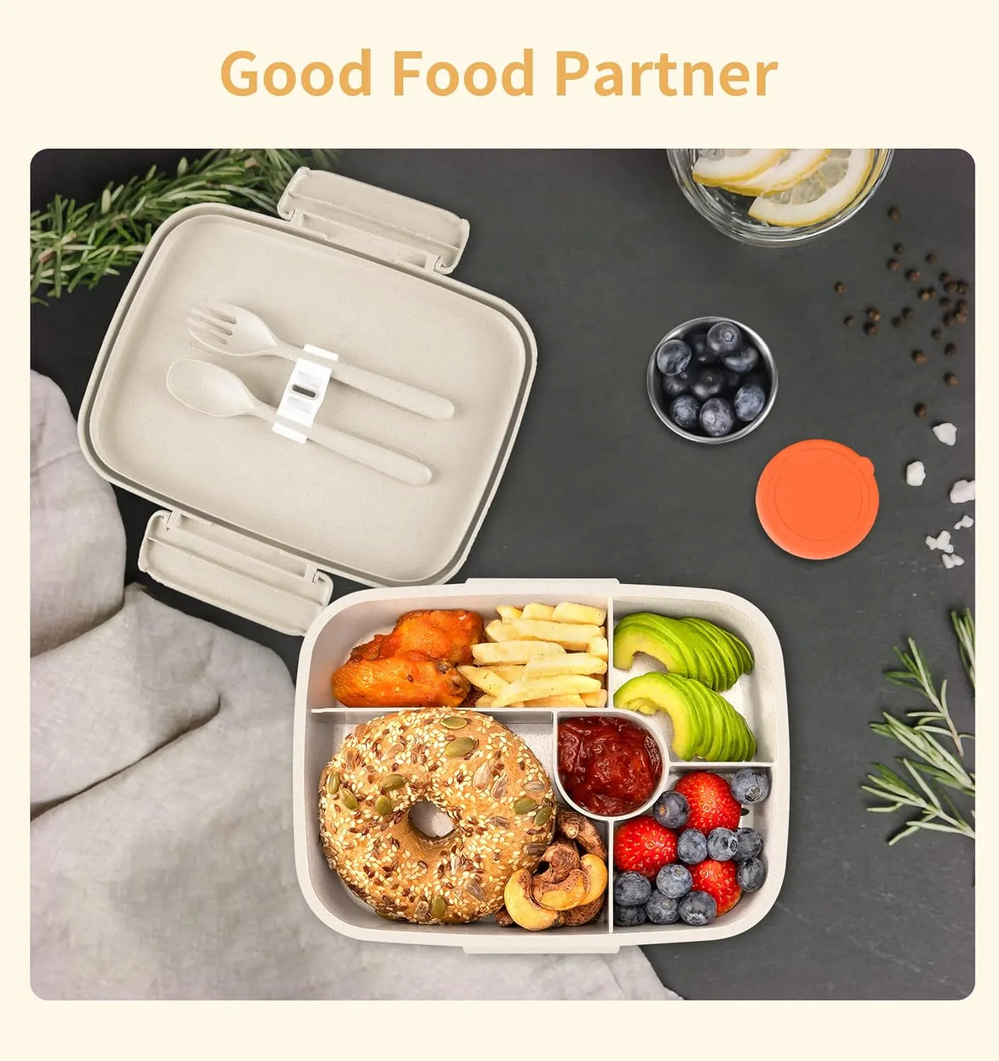 Bento Box - Eco Friendly, Leakproof Lunch Box, Five Compartment, Wheat Fiber Bento Box for Kids and Adults, Microwave and Freezer Friendly