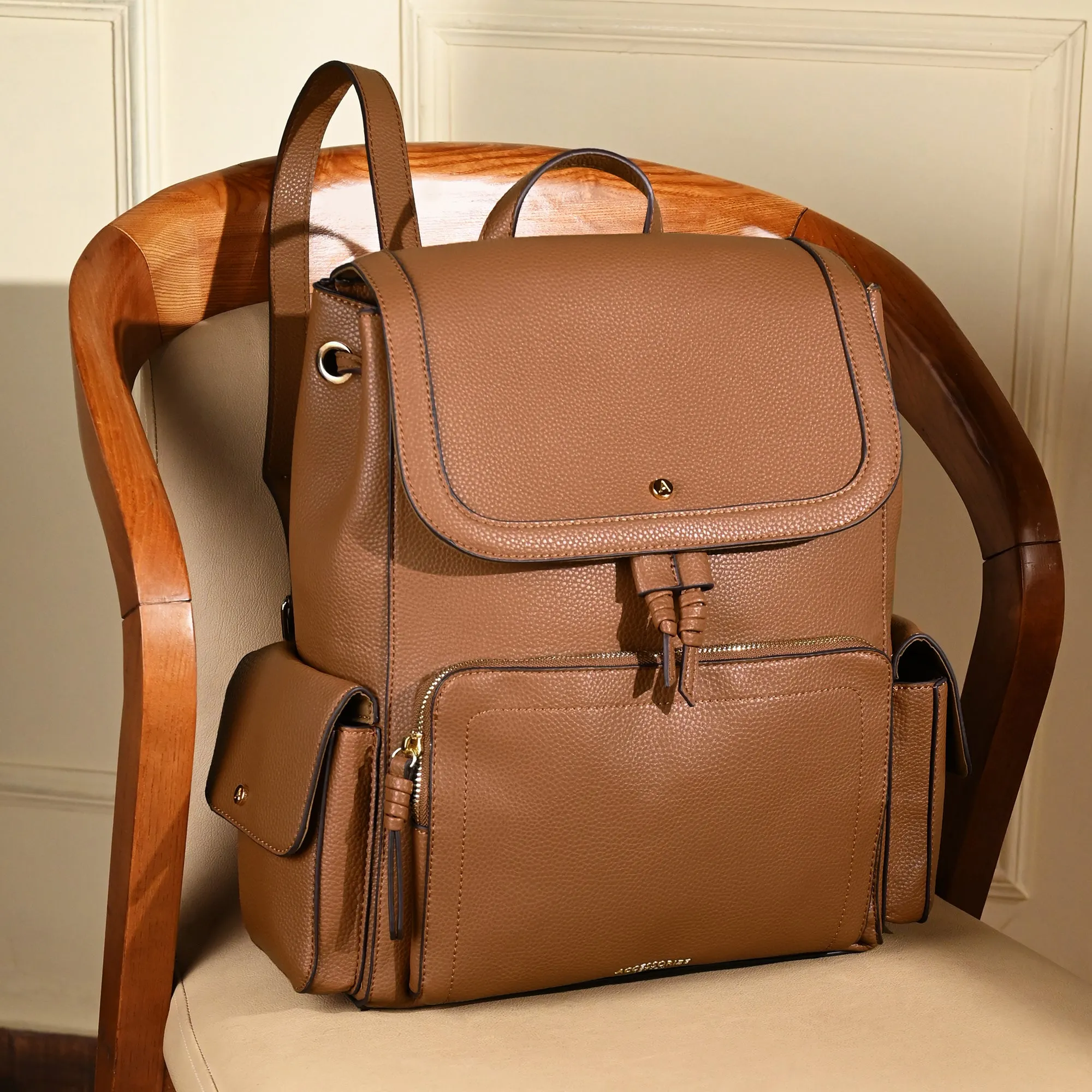 Brown Faux Leather Laptop Backpack With 12 Laptop Sleeve