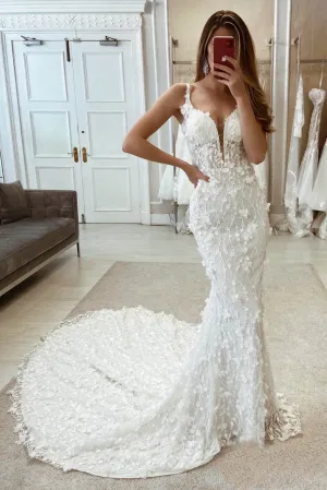 Gorgeous Mermaid V-Neck Flower Appliques Wedding Dresses