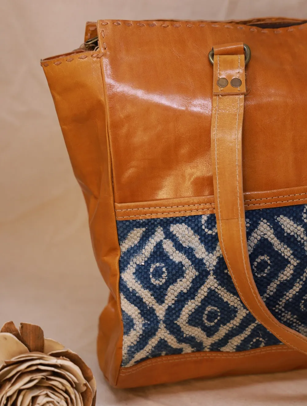 Handcrafted Jawaja Leather Tote Bag with Rug Patch - Yellow