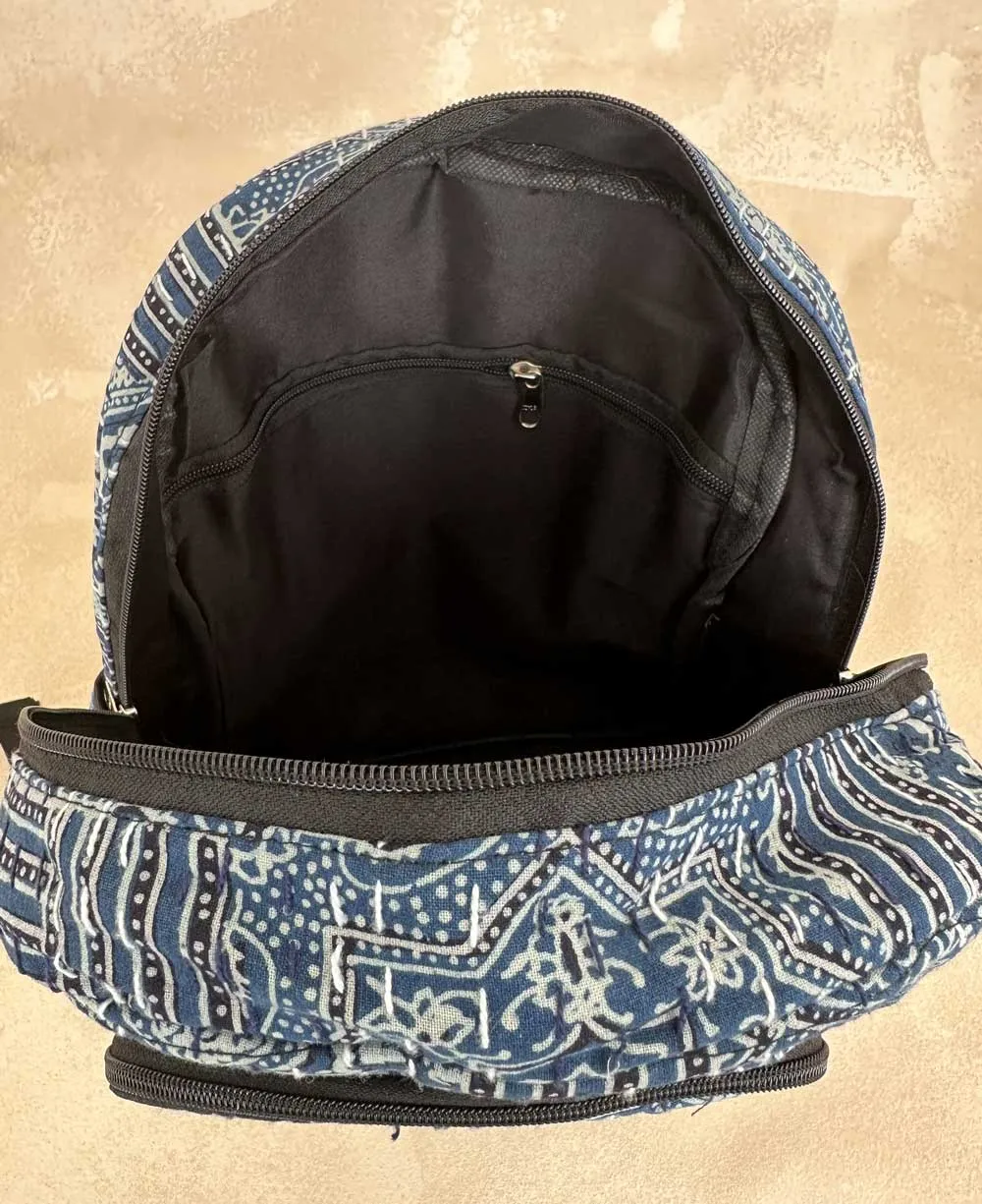 Kantha Stitch Block Print Inspired Compact Backpack