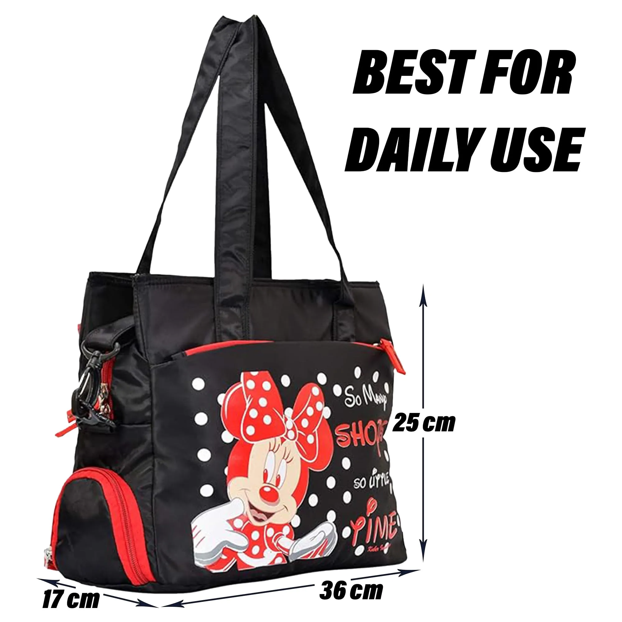 Kuber Industries Disney Minnie Shopping Bag | Grocery Handbag | 5 Zipper & 1 Bottle Compartment | Shoulder Bag with Adjustable Strap with Handle| Black