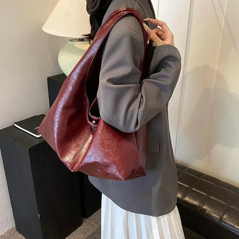 Large Hobo Bags Soft Leather Women Snap Handbags Casual Solid Shoulder Bags