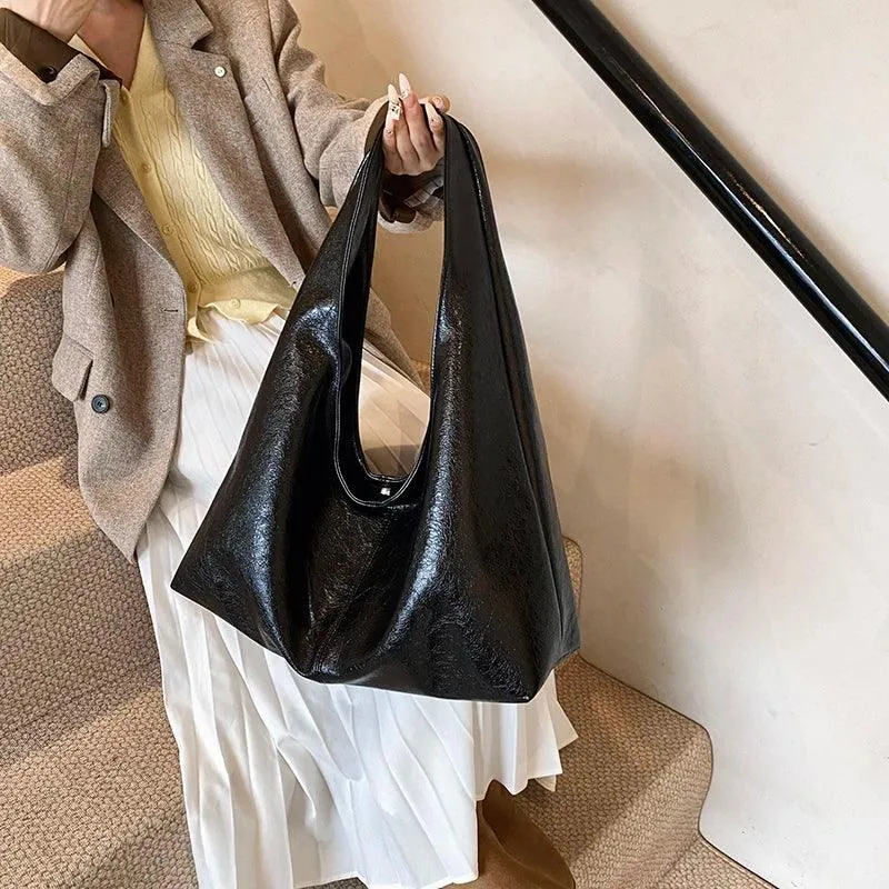 Large Hobo Bags Soft Leather Women Snap Handbags Casual Solid Shoulder Bags