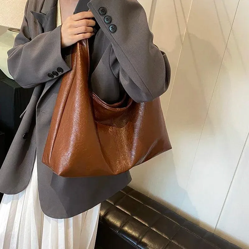 Large Hobo Bags Soft Leather Women Snap Handbags Casual Solid Shoulder Bags