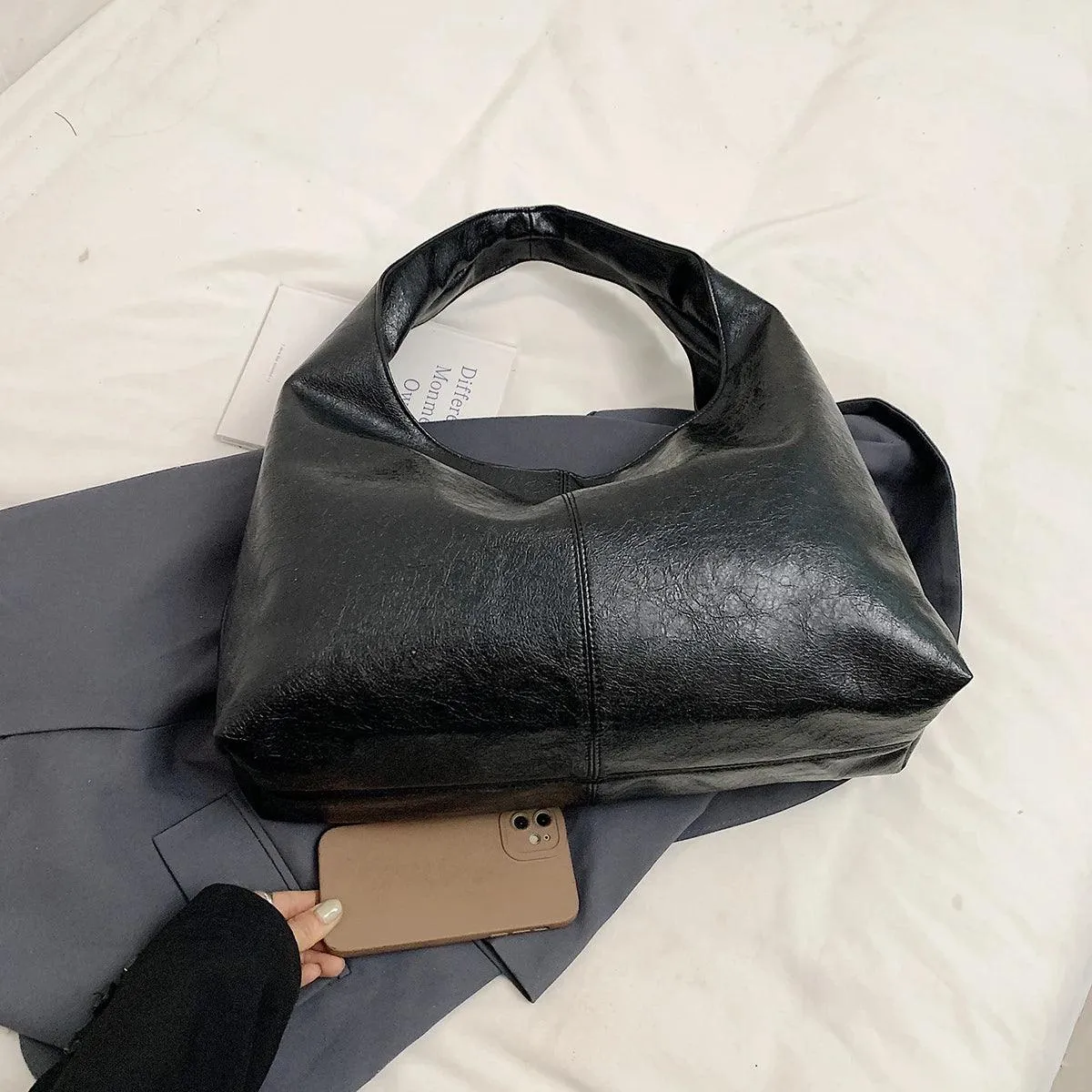 Large Hobo Bags Soft Leather Women Snap Handbags Casual Solid Shoulder Bags