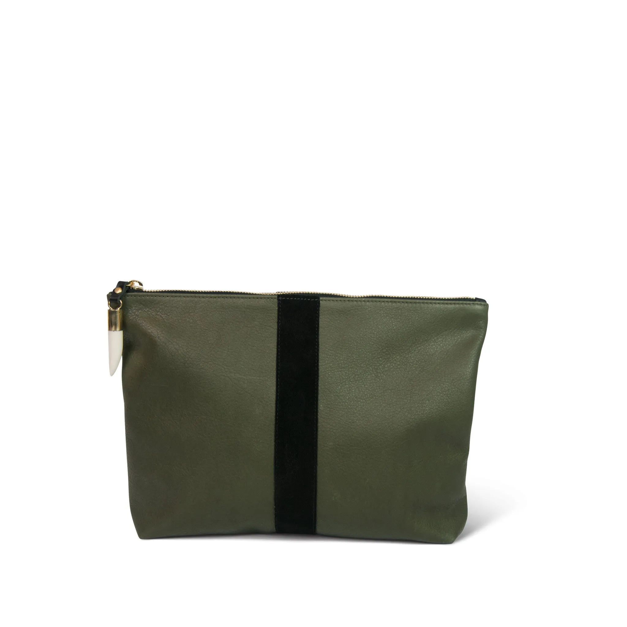 Medium Leather Pouch - Olive Leather With Black Stripe