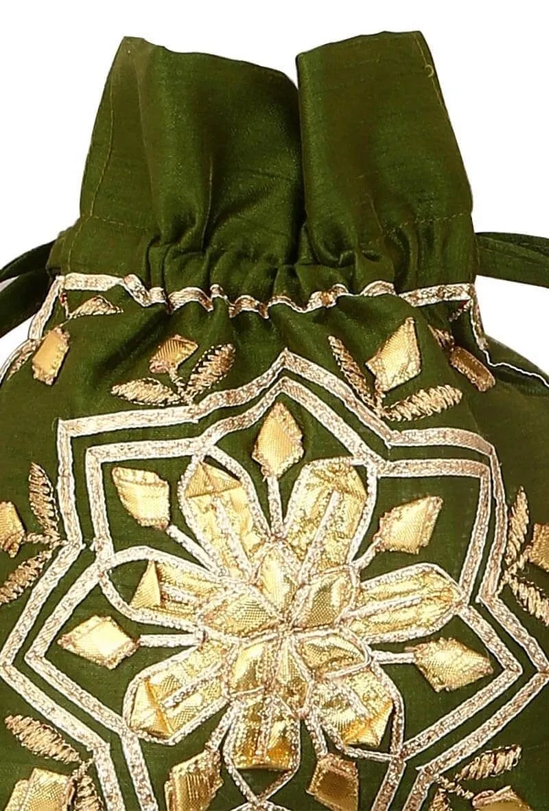 Mehendi Green Gota Embroidered Silk Drawstring Potli Bag (10"x7")