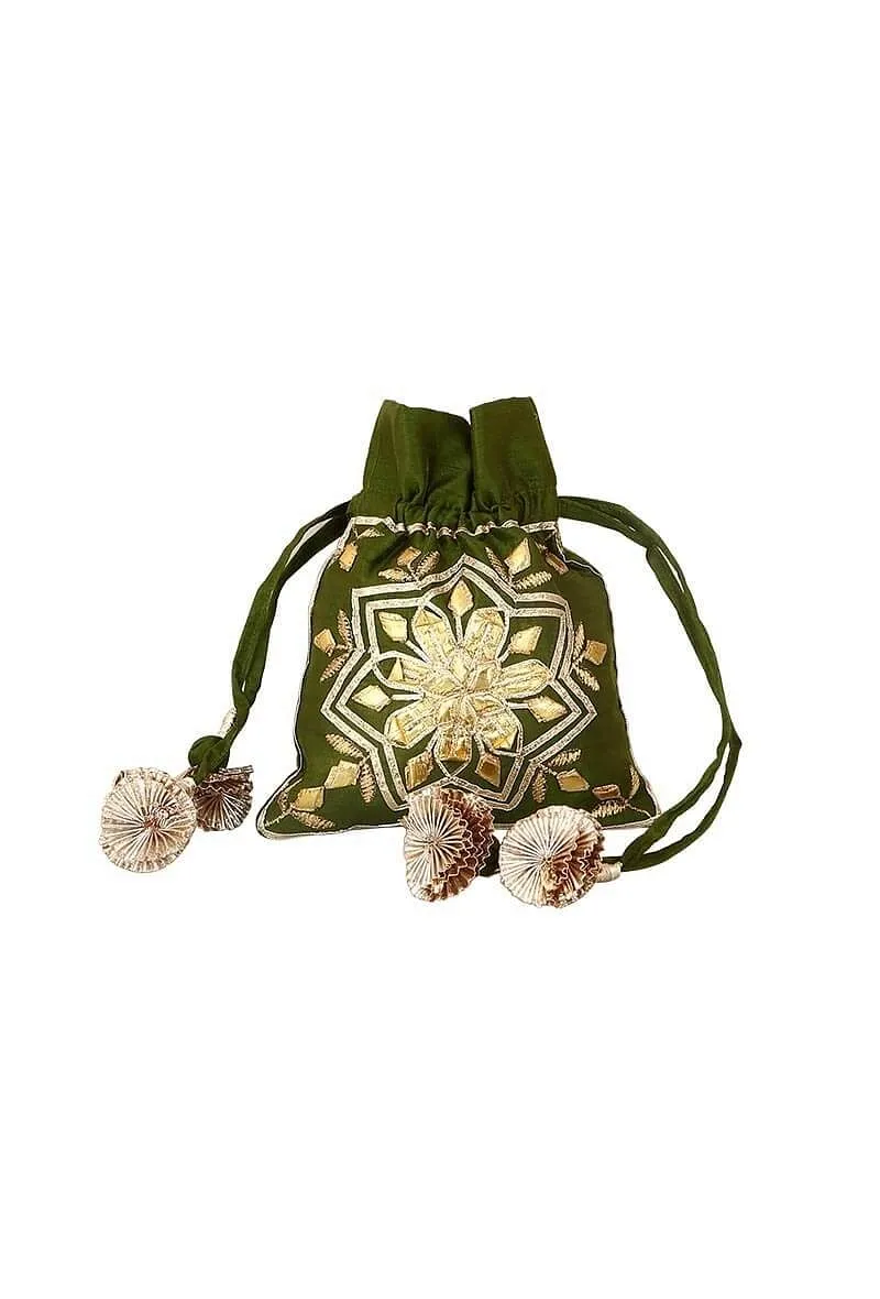 Mehendi Green Gota Embroidered Silk Drawstring Potli Bag (10"x7")