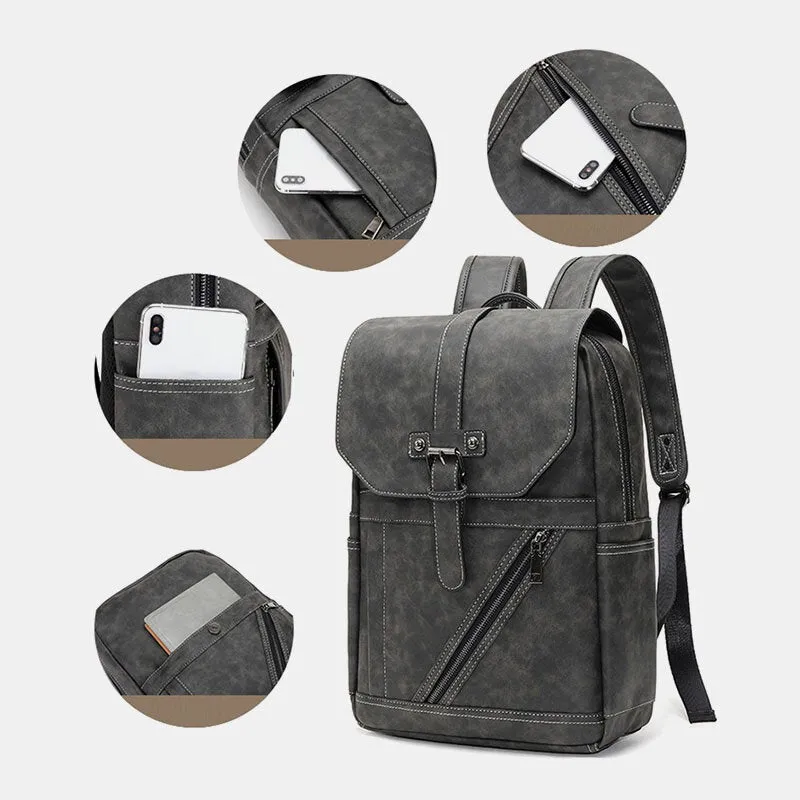 Men Multi-pocket Breathable PU Leather Backpack Vintage 14 Inch Laptop Bag Large Capacity Travel