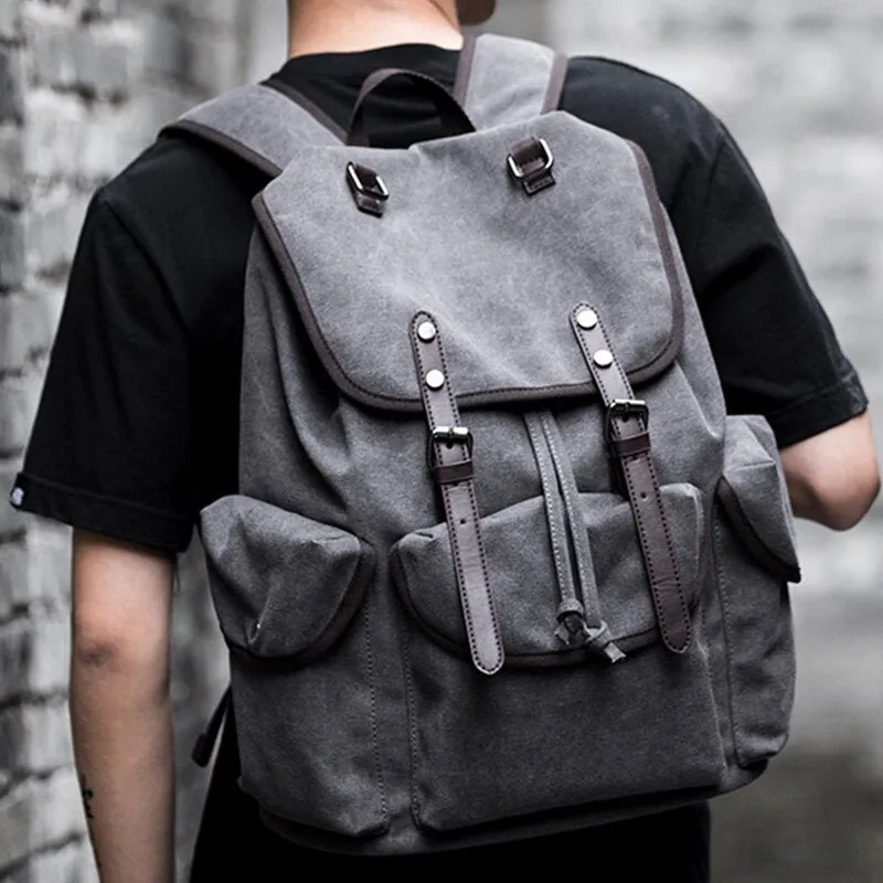 Men Washed Canvas Thickened Shoulder Strap Design Breathable Backpack Retro Casual 15.6 Inch Laptop Bag Drawstring Hasp