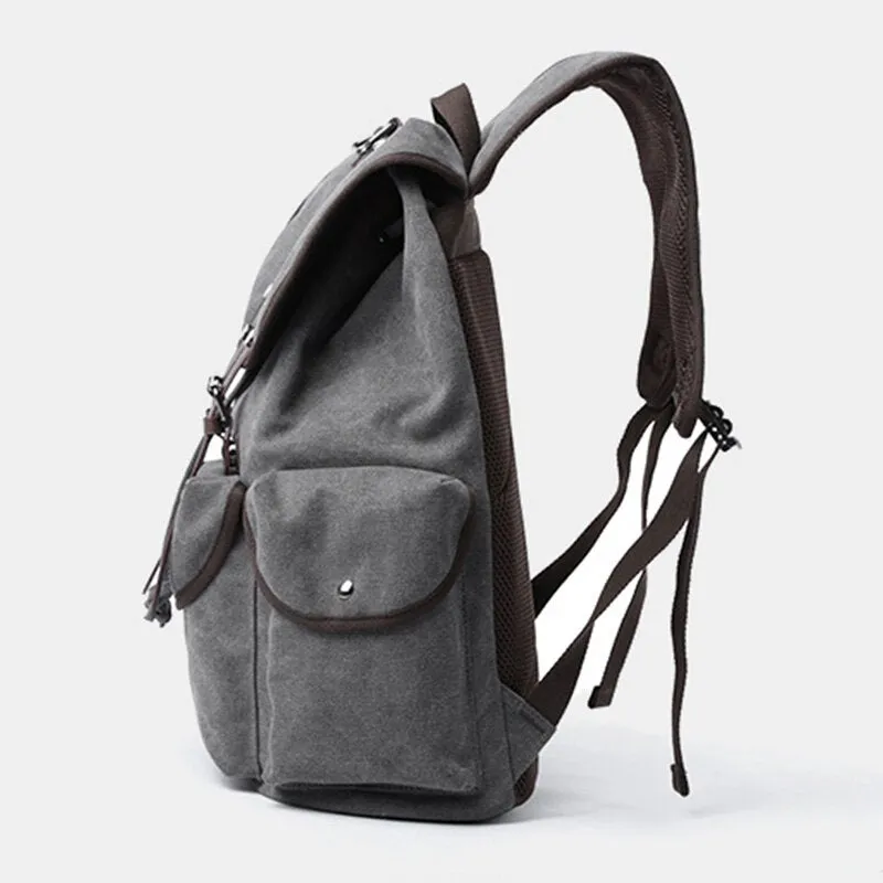 Men Washed Canvas Thickened Shoulder Strap Design Breathable Backpack Retro Casual 15.6 Inch Laptop Bag Drawstring Hasp