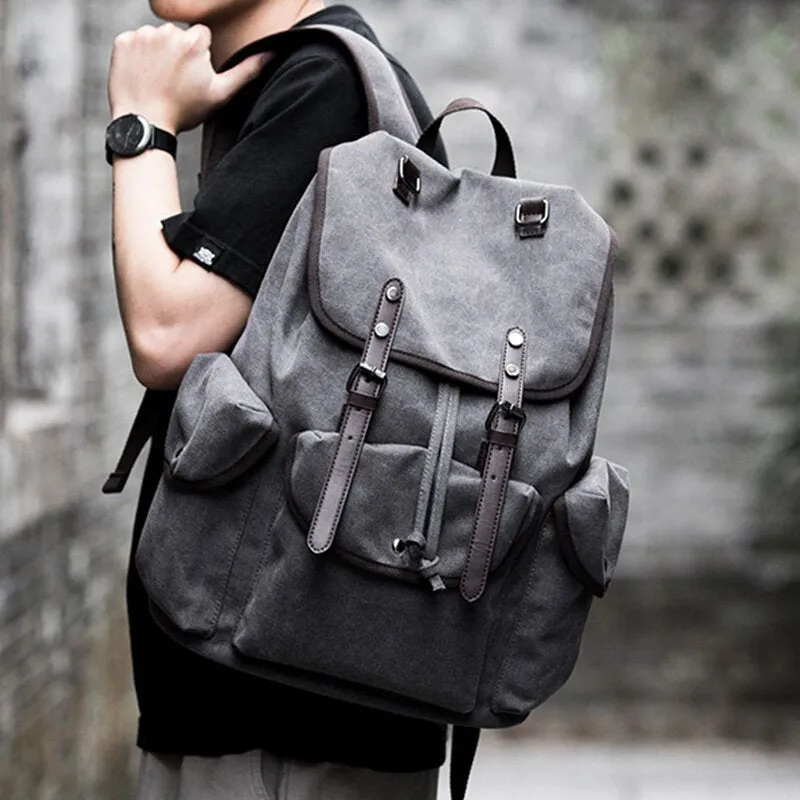 Men Washed Canvas Thickened Shoulder Strap Design Breathable Backpack Retro Casual 15.6 Inch Laptop Bag Drawstring Hasp