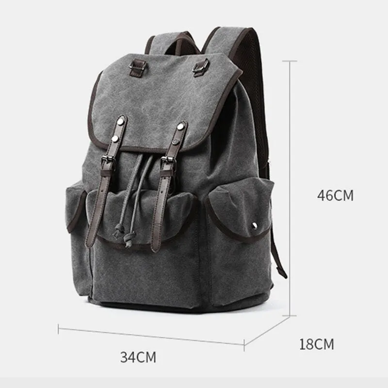 Men Washed Canvas Thickened Shoulder Strap Design Breathable Backpack Retro Casual 15.6 Inch Laptop Bag Drawstring Hasp