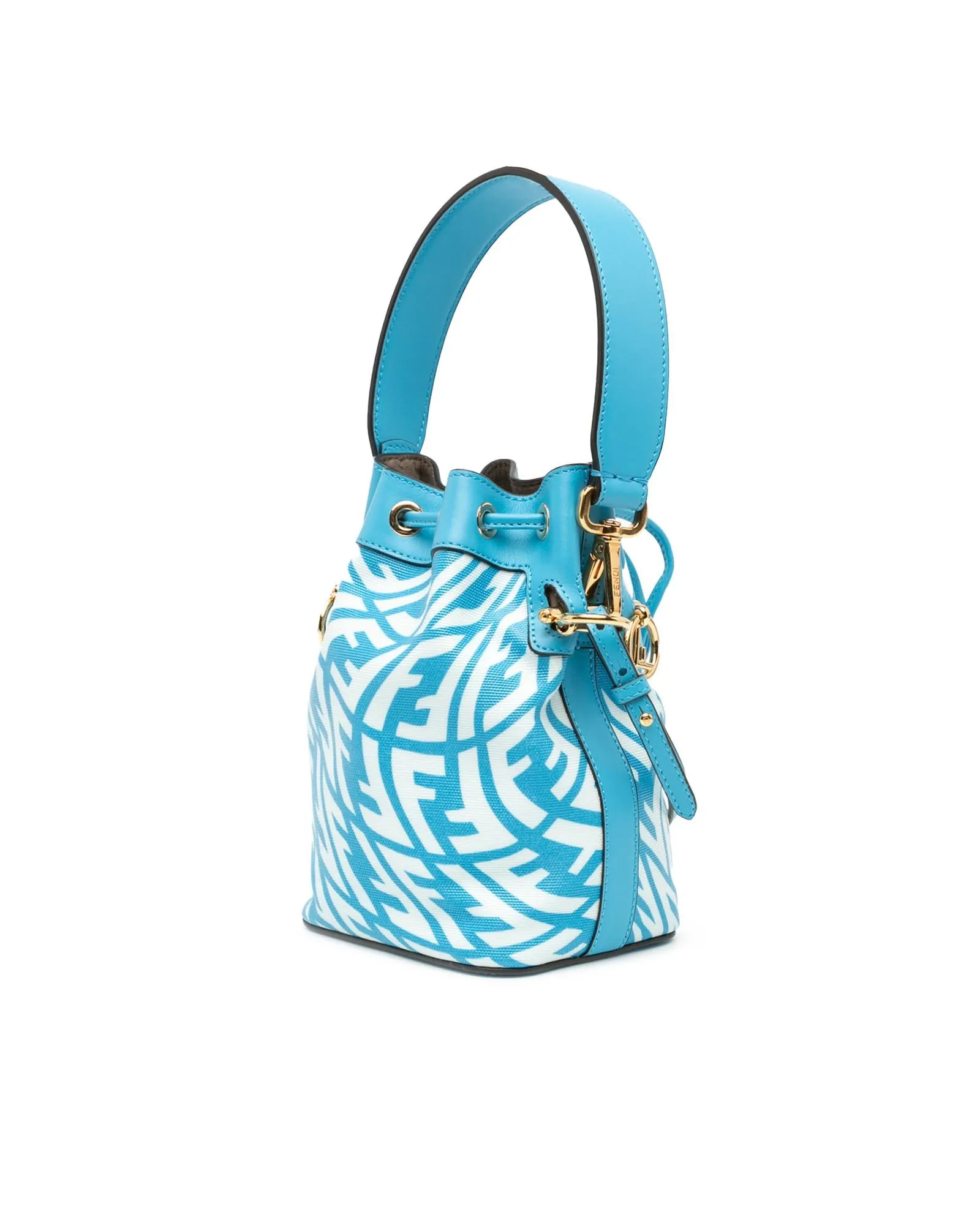 Mini Coated Canvas Bucket Bag with Leather Trim and Drawstring Closure