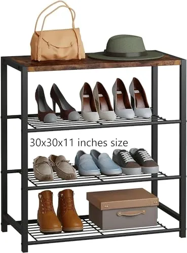 MNH ART produced black Shoe Rack Organizer 4 Tier Metal Organizer Shelf with Industrial new wood top Closet Bedroom Living Room console table (kitchen rack 4 tier)