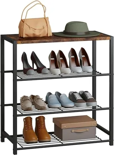 MNH ART produced black Shoe Rack Organizer 4 Tier Metal Organizer Shelf with Industrial new wood top Closet Bedroom Living Room console table (kitchen rack 4 tier)