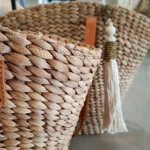 Natural Woven Banana Leaf Bag With Leather Straps