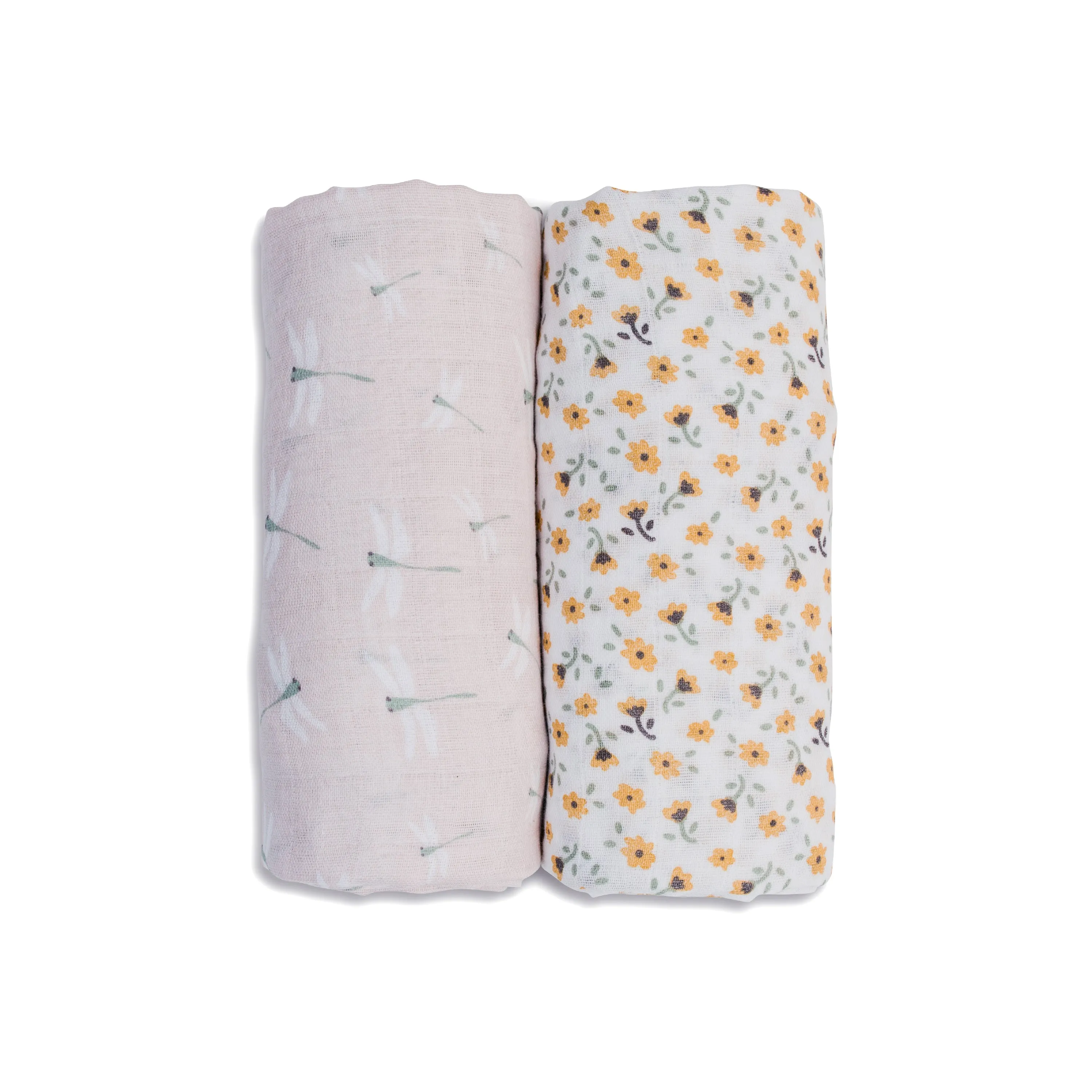 Pack of 2 Swaddle Blankets Multipurpose Muslins - Vintage Floral / Dragonfly