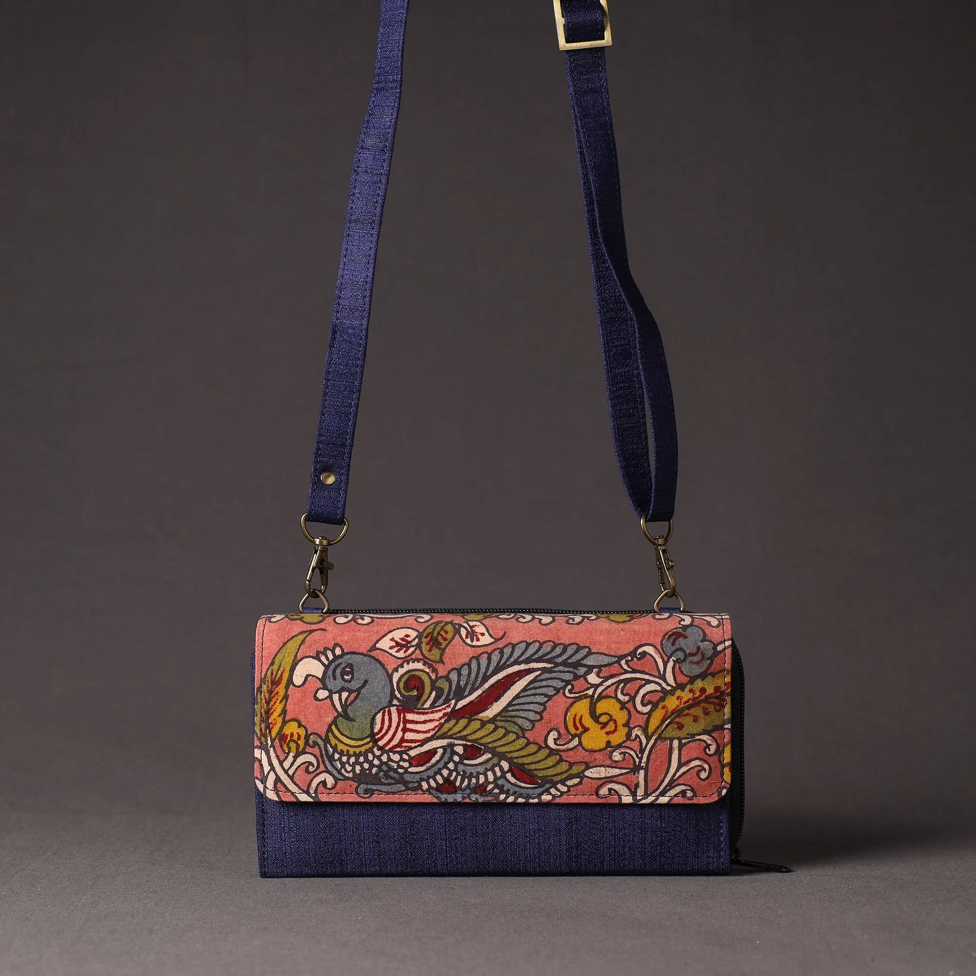 Peach - Handpainted Kalamkari Natural Dyed Ghicha Silk Sling Clutch Bag