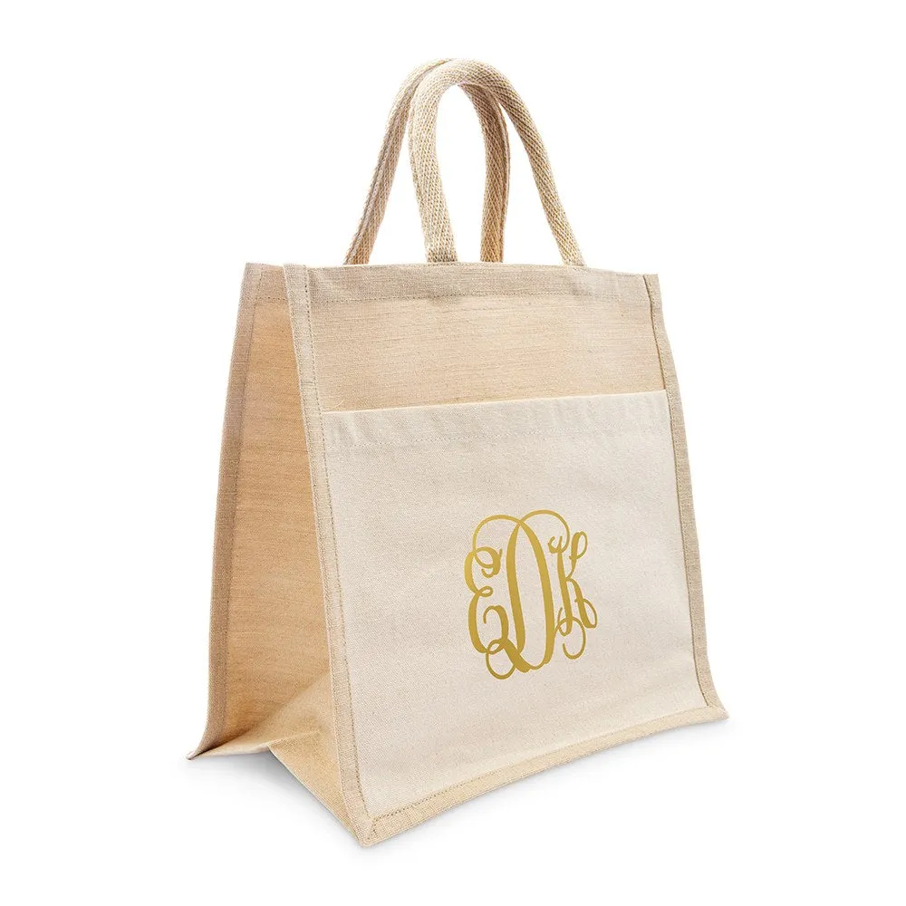 PERSONALIZED WOVEN JUTE MEDIUM TOTE BAG WITH POCKET -  SCRIPT MONOGRAM