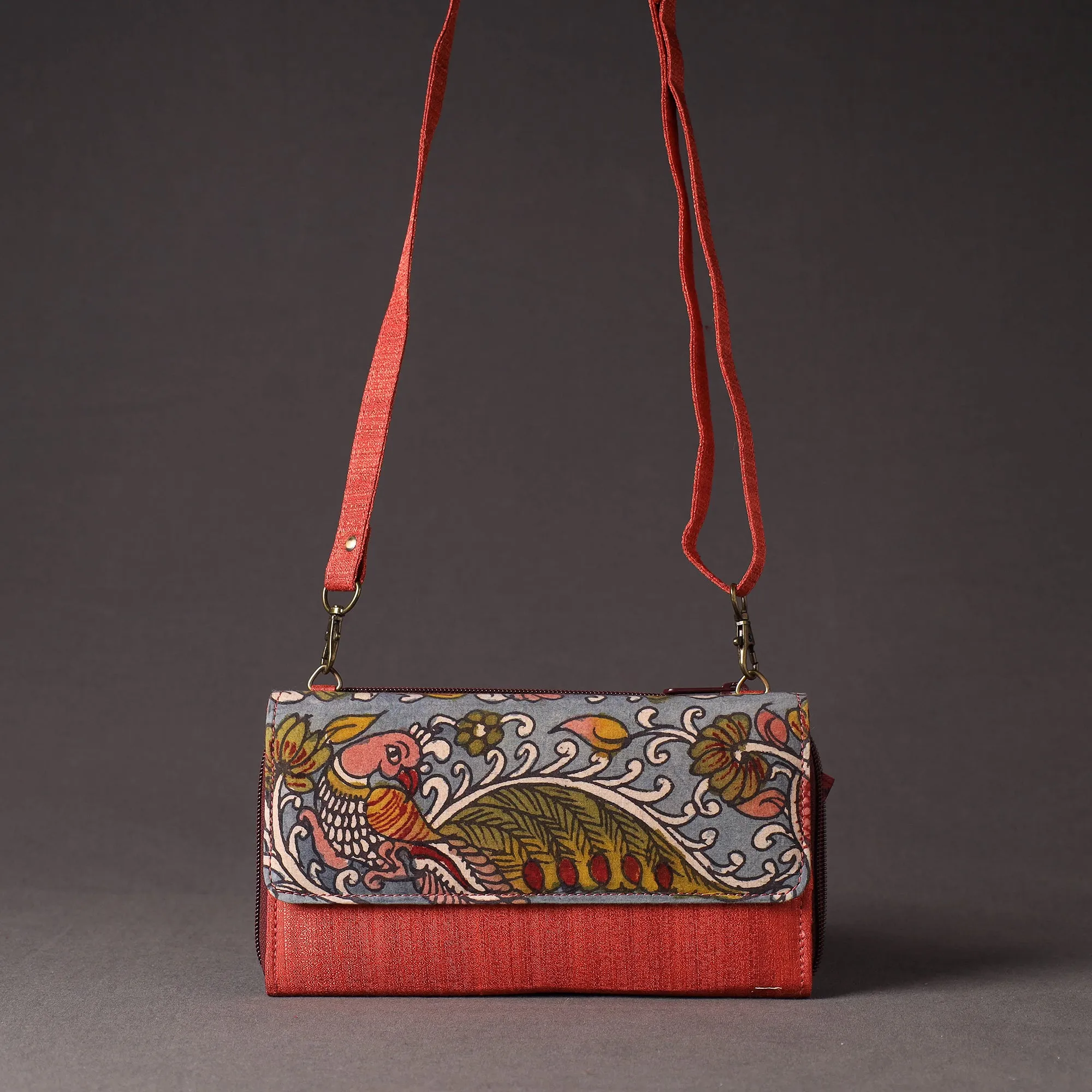 Red - Handpainted Kalamkari Natural Dyed Ghicha Silk Sling Clutch Bag