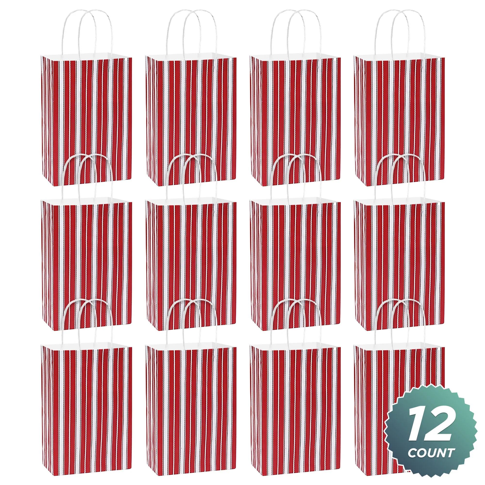 Rustic Red Peppermint Stripe Christmas Holiday Paper Gift Bags and Party Favor Bags, Small 5.25x3.5x8.25" (12 Pack)