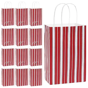 Rustic Red Peppermint Stripe Christmas Holiday Paper Gift Bags and Party Favor Bags, Small 5.25x3.5x8.25" (12 Pack)