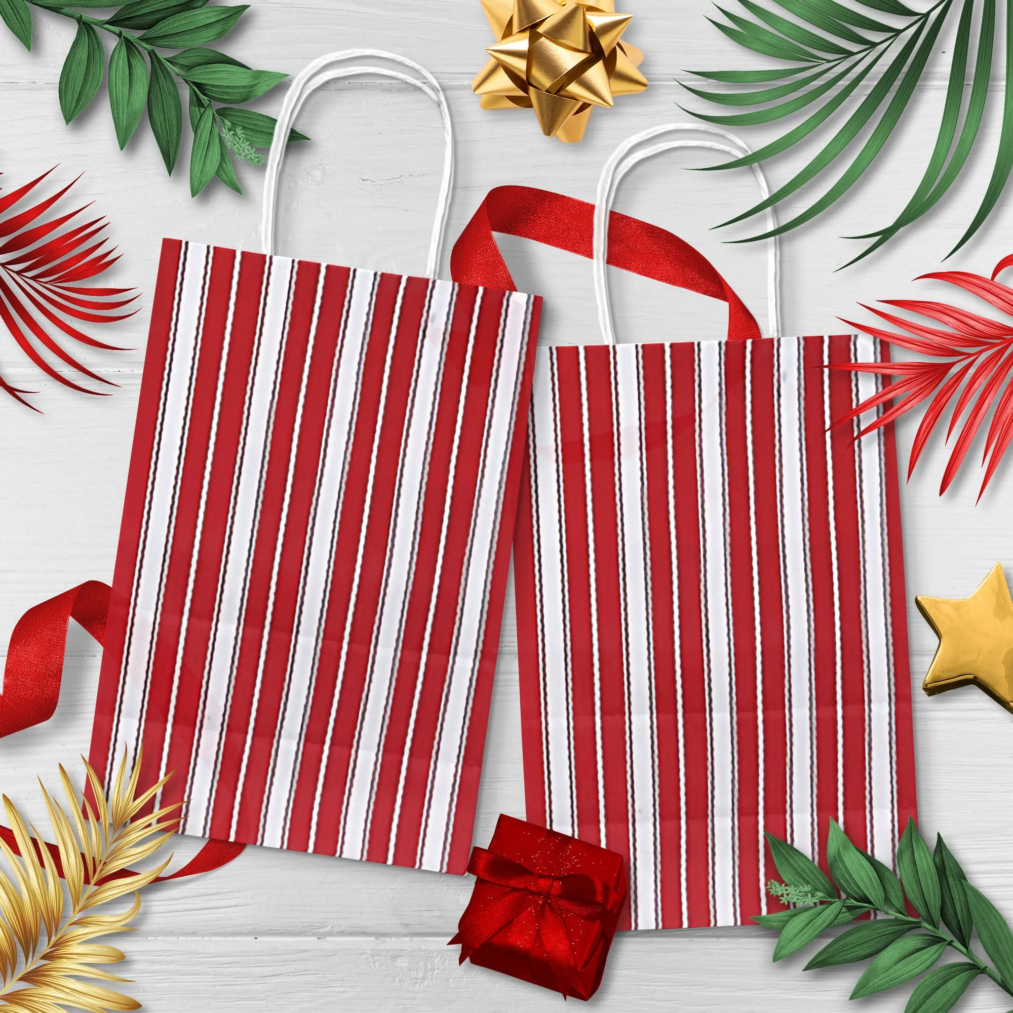 Rustic Red Peppermint Stripe Christmas Holiday Paper Gift Bags and Party Favor Bags, Small 5.25x3.5x8.25" (12 Pack)