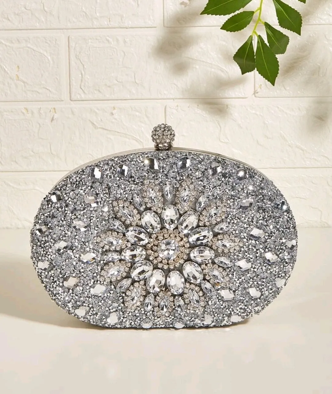 Silver Rhinestone & Beaded Decor Clutch.