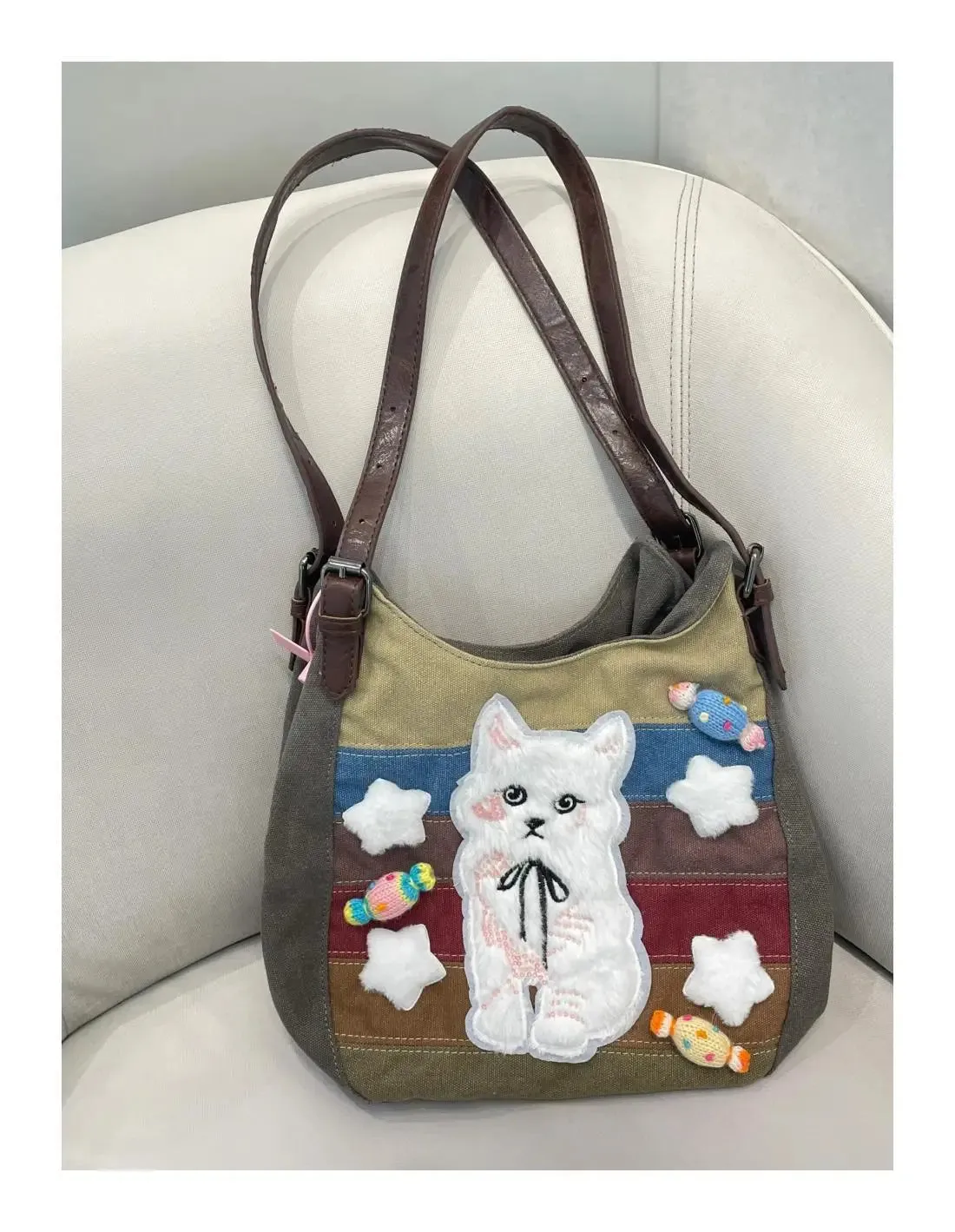 Sohiwoo Harajuku Cat Shoulder Bags Women Vintage Embroidery Patchwork Casual Tote Bag Handbag Female Sweet Y2k Bags Aesthetic