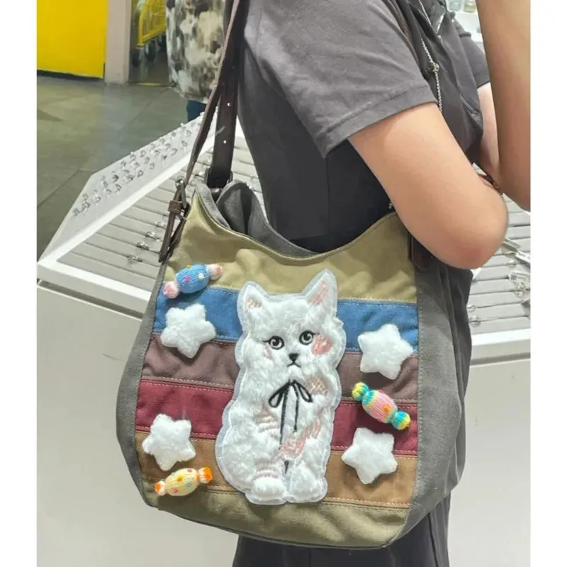 Sohiwoo Harajuku Cat Shoulder Bags Women Vintage Embroidery Patchwork Casual Tote Bag Handbag Female Sweet Y2k Bags Aesthetic