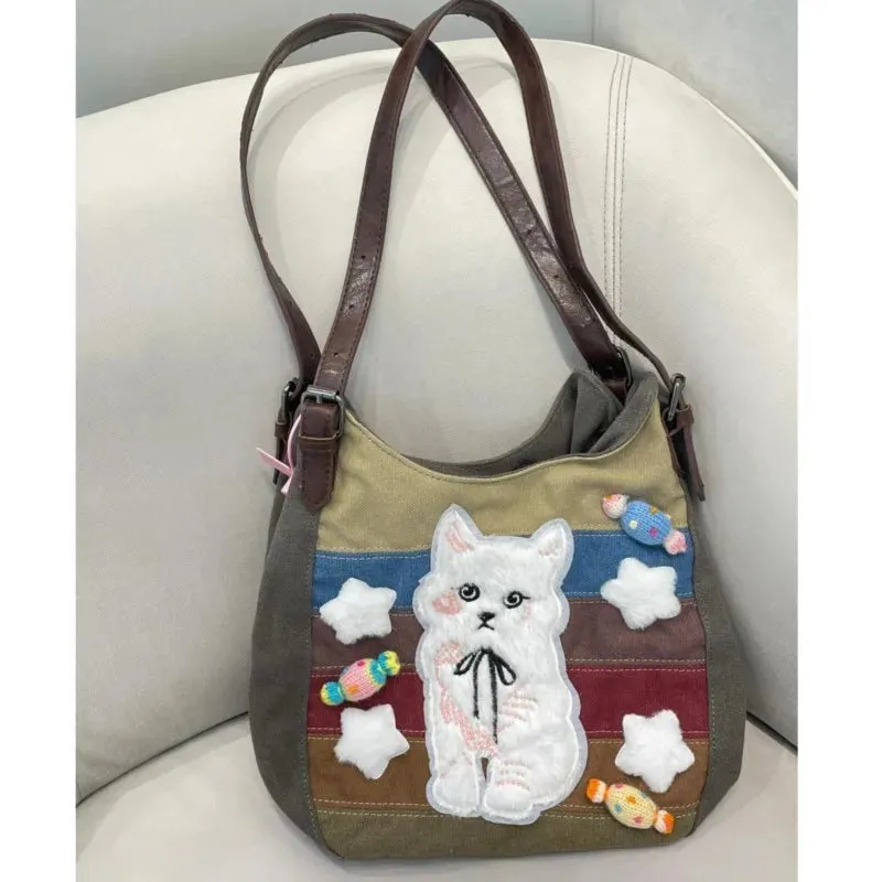 Sohiwoo Harajuku Cat Shoulder Bags Women Vintage Embroidery Patchwork Casual Tote Bag Handbag Female Sweet Y2k Bags Aesthetic