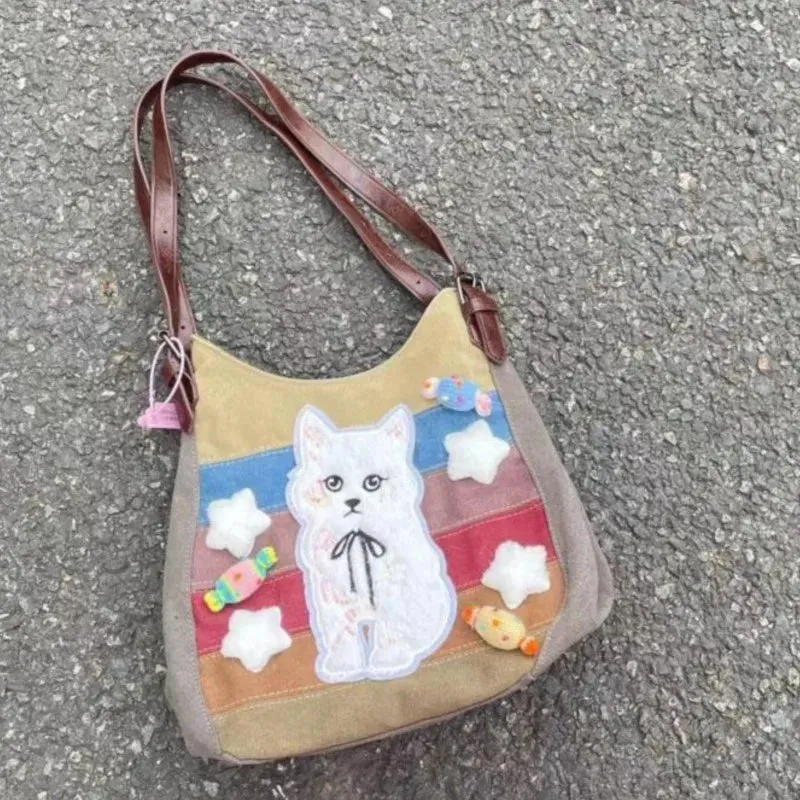 Sohiwoo Harajuku Cat Shoulder Bags Women Vintage Embroidery Patchwork Casual Tote Bag Handbag Female Sweet Y2k Bags Aesthetic