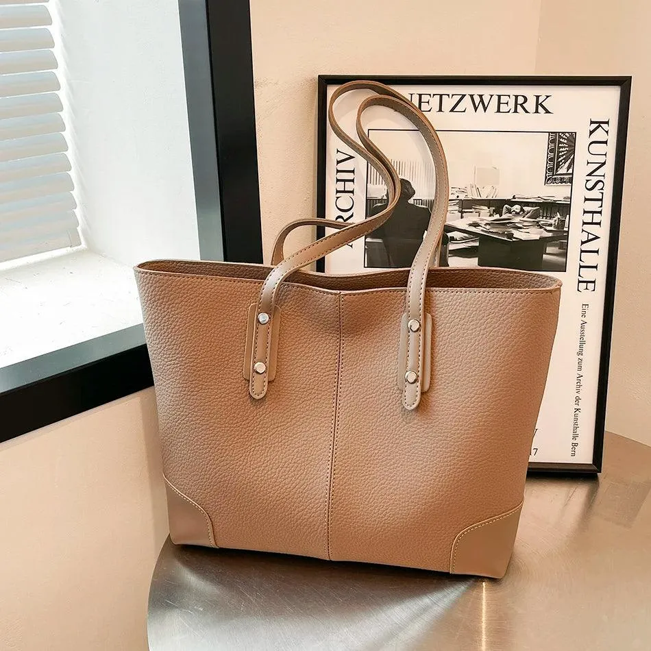 Tote Handbags Large Leather Riveted Double Handles Zipper Shoulder Bags