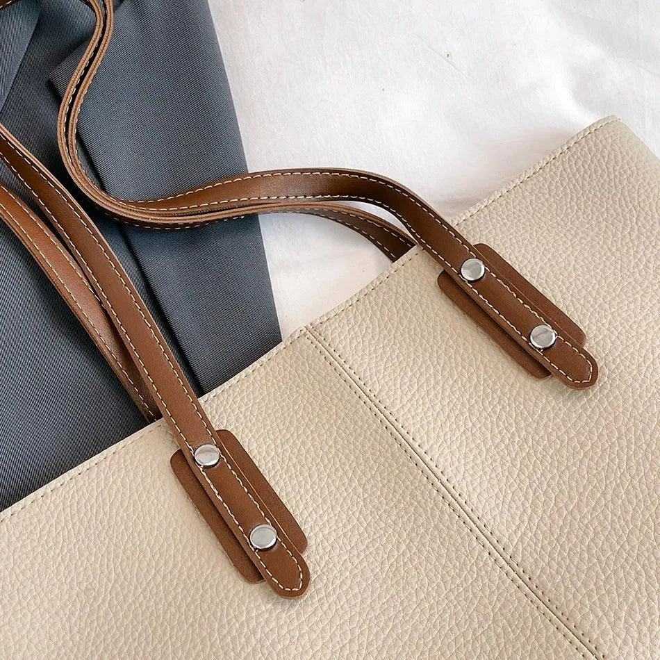 Tote Handbags Large Leather Riveted Double Handles Zipper Shoulder Bags