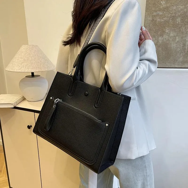 Woman Tote Handbags Large Leather Multifunction Zipper Pockets Black Crossbody