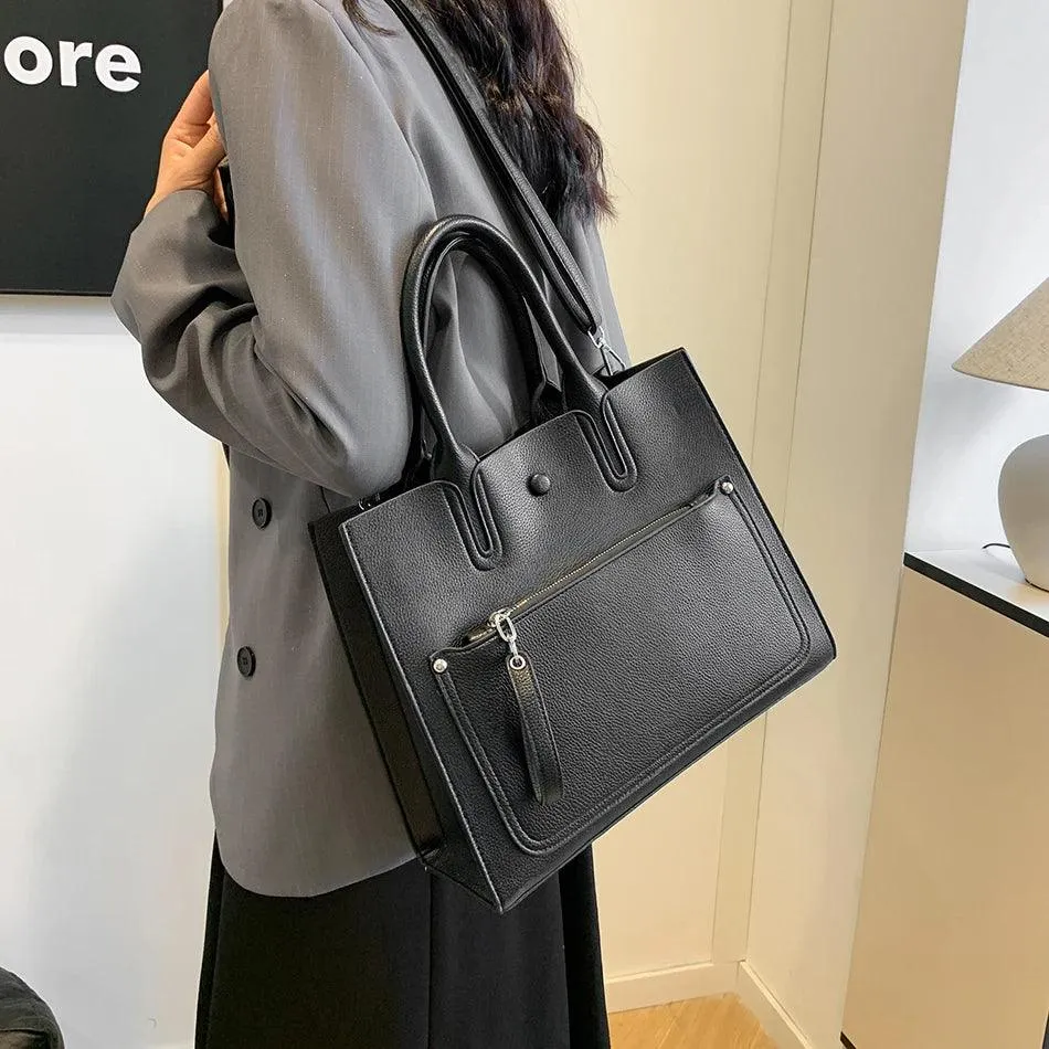 Woman Tote Handbags Large Leather Multifunction Zipper Pockets Black Crossbody