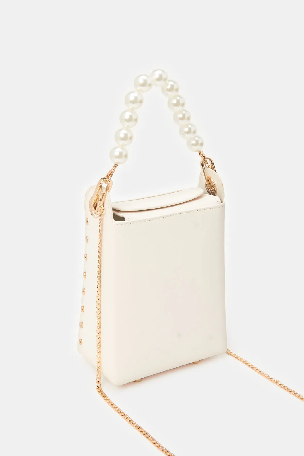 Women Beige With Pearl Handle Evening Clutch